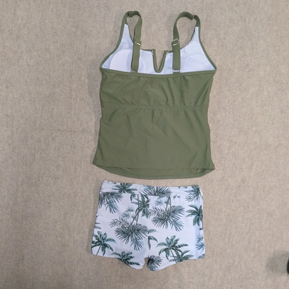 NEW Tween & Teens Tankini Swim Olive Green & Palm Tree Shorts Girl's 14-16 Set